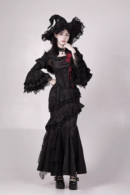 Black  [Letters & Poems · Twilight] Multi-Layered Jacquard Ruffled Witch Gothic Lolita Skirt 2 Versions