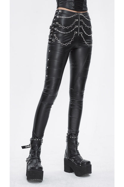 Black Chain Stud Skintight Leather Womens Punk Pants