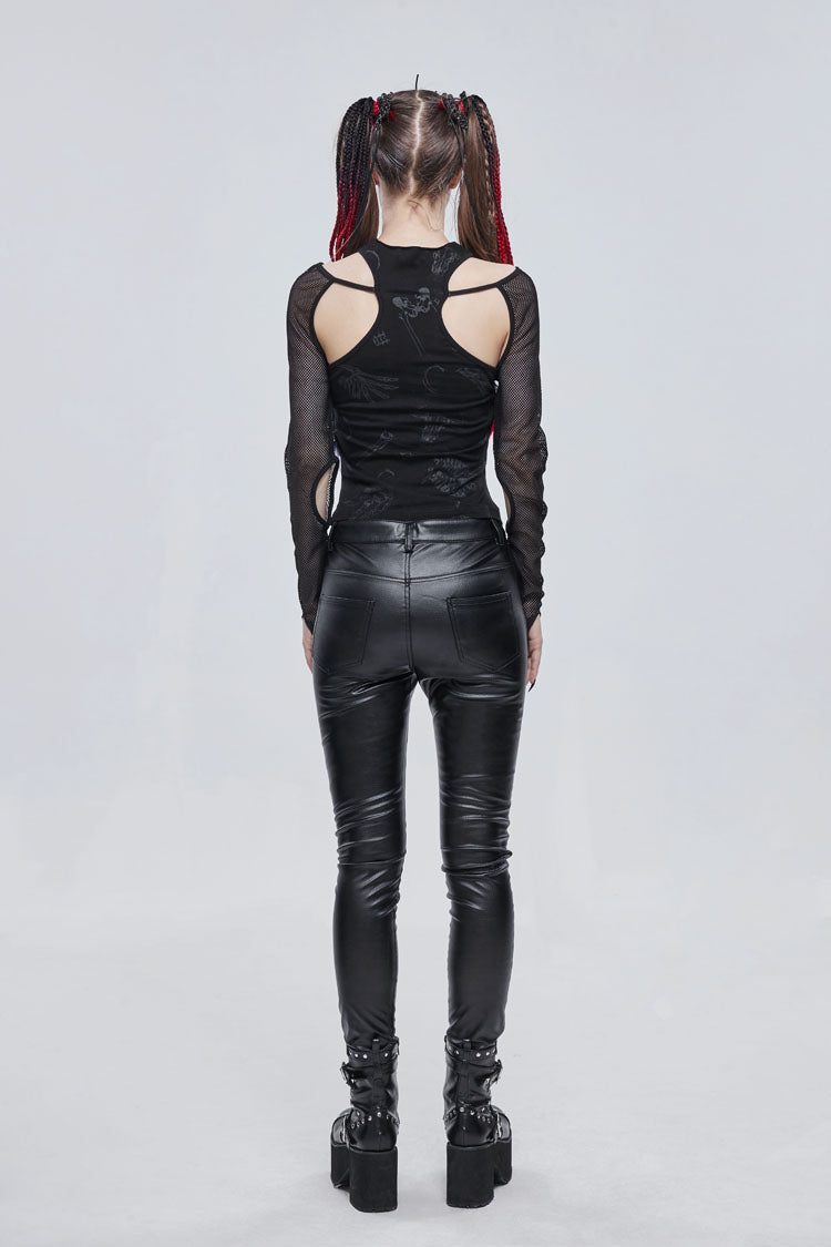 Black Pentagram Leather Striped Long Sleeve Women's Gothic T-Shirt