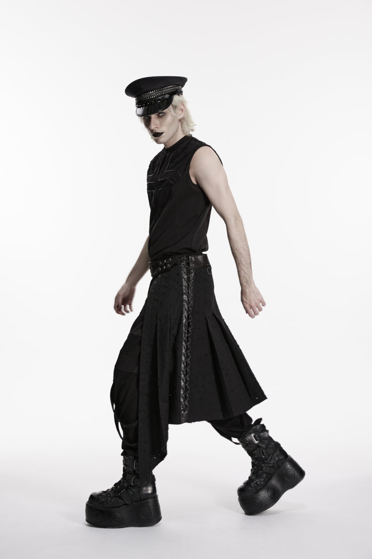 Black Lace-Up Irregular Ripped Men's Punk Skirt