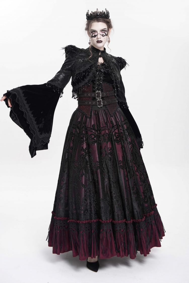 Black Long Sleeves Floral Embroidery Women's Gothic Beaded Frog Short Jacket