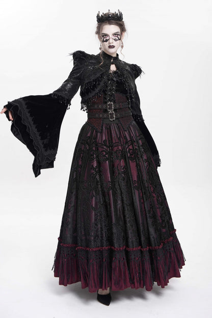 Black Long Sleeves Floral Embroidery Women's Gothic Beaded Frog Short Jacket