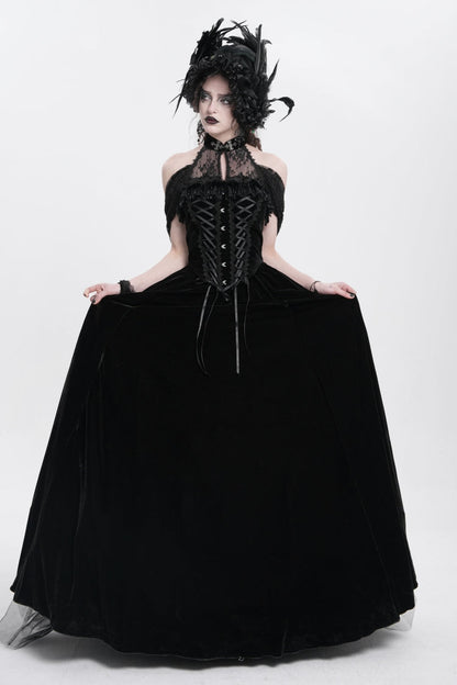 Black Off Shoulder Embroidery Lace Lace-Up Women's Gothic Gown Dress