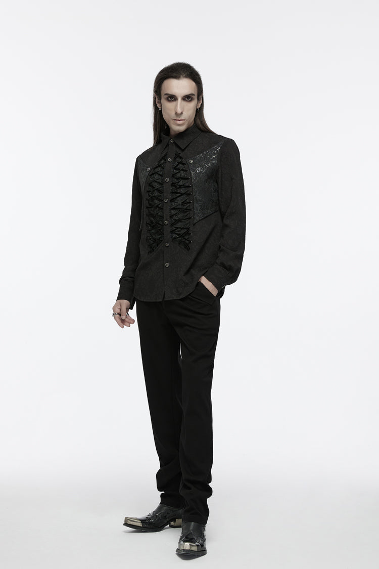 Black Lapel Collar Long Sleeves Jacquard Print Drawstring Lace-Up Men's Gothic Blouse