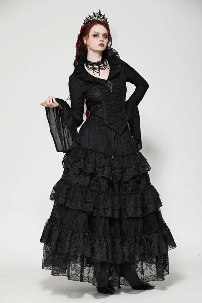 Black Lace Ruffled V Stand Collar Long Flared Sleeves Jacquard Women's Gothic Blouse