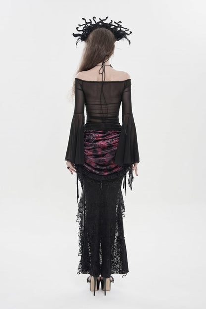 Black Off Shoulder Long Trumpet Sleeves Ruffled Embroidered Lace-Up Women's Gothic Blouse