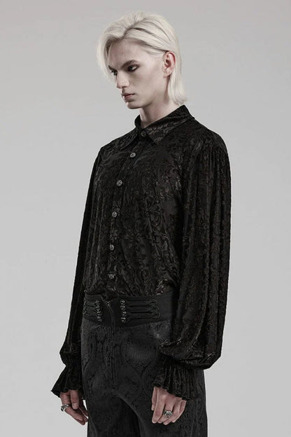 Black Lapel Collar Long Trumpet Sleeves Bronzing Pattern Print Mens Gothic Gorgeous Blouse
