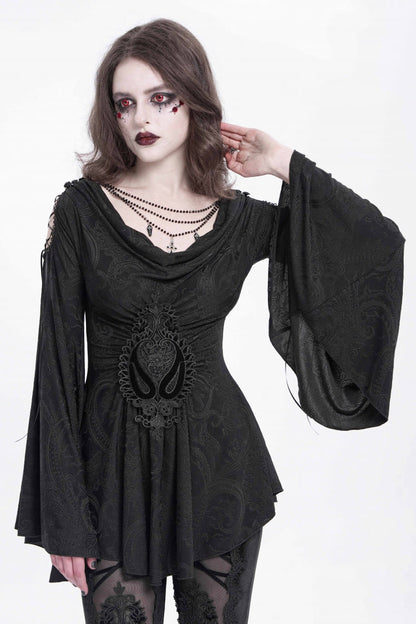 Black Long Trumpet Sleeves Print Embroidery Women's Gothic Blouse