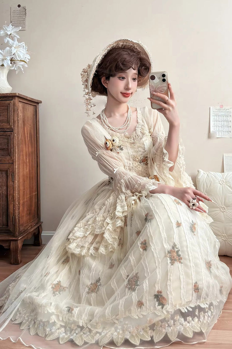 Apricot [Chloris] Printed Embroidered Lace Sweet Lolita Jsk Dress