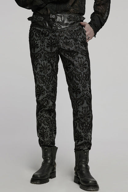 Black Print Floral Embroidery Buckle Men's Gothic Pants