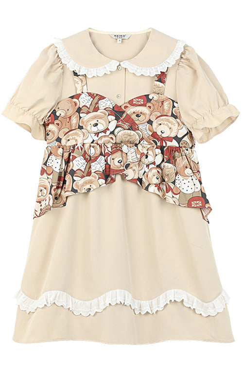 Beige Vintage Doll Collar Bear Print Fake Two Pieces Short Sleeves Sweet Lolita Dress