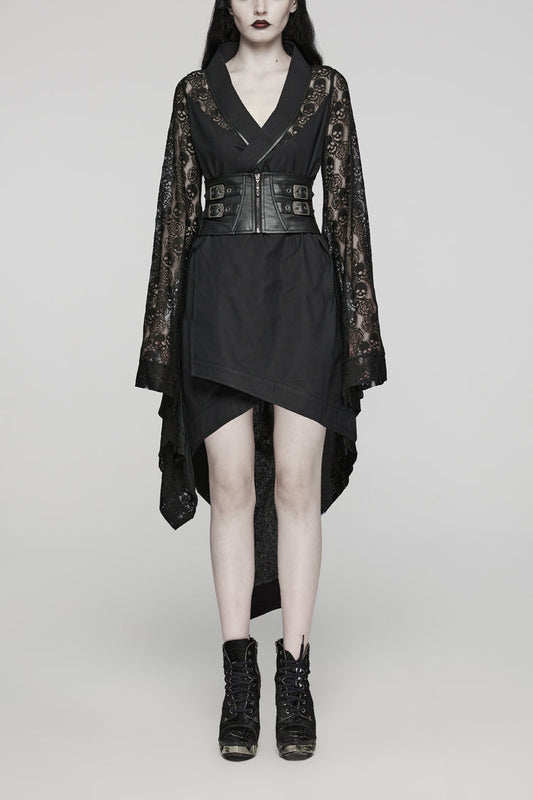 Black Irregular Hem Skull Print Hollow Stitching Womens Steampunk Kimono Dress