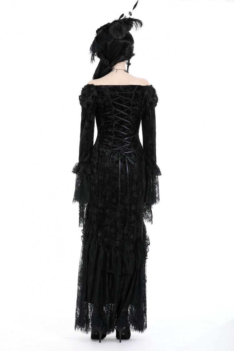 Black Off Shoulder Lace Long Trumpet Sleeves Lace-Up Women's Gothic Bodycon Dress