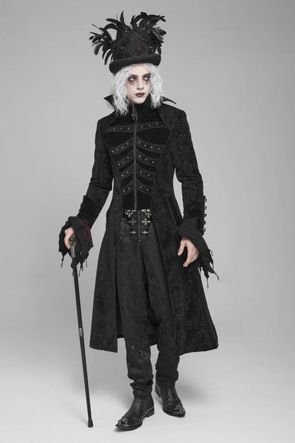 Black Diamante Stand Collar Long Sleeves Printed Zippered Men's Gothic Long Coat