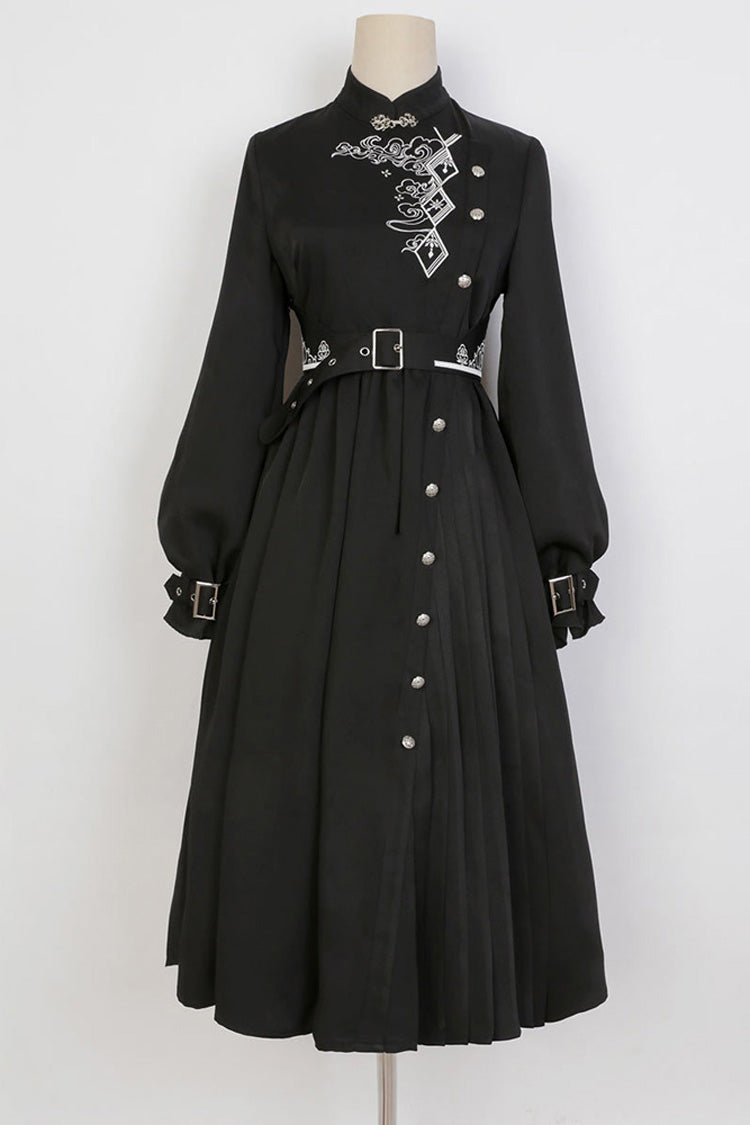 Black Mysterious Long Sleeves Chinese Style Single Breasted High Waisted Print Hanfu Dress