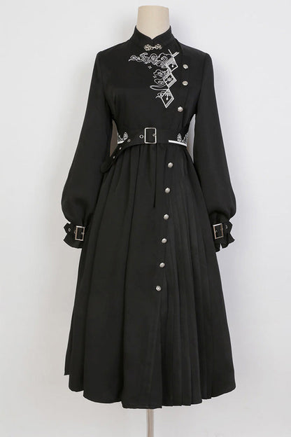 Black Mysterious Long Sleeves Chinese Style Single Breasted High Waisted Print Hanfu Dress