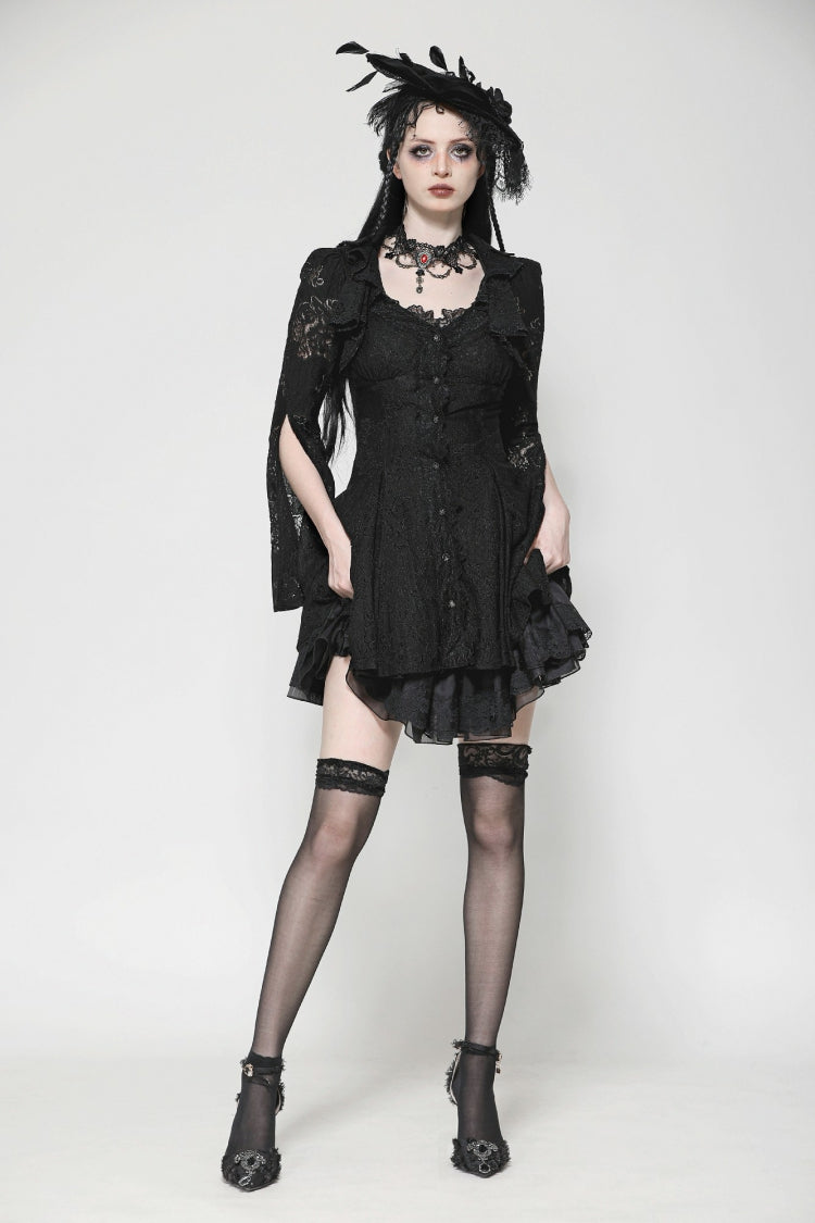 Black Long Trumpet Sleeves Embroidered Lace Lace-Up Women's Gothic Honeymoon Dress