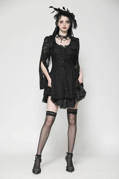 Black Long Trumpet Sleeves Embroidered Lace Lace-Up Women's Gothic Honeymoon Dress