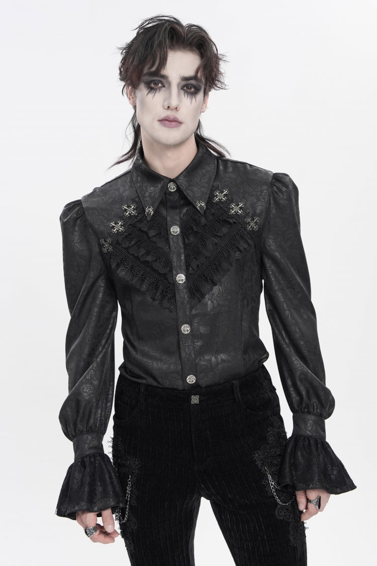 Black Cross Spider Turn-down Collar Long Trumpet Sleeves Printed Lace Men's Gothic Shirt
