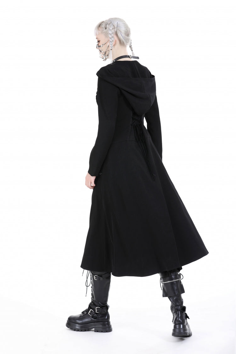 Black Long Sleeves Ruffled Lace-Up Women's Punk Long Jacket with Hood