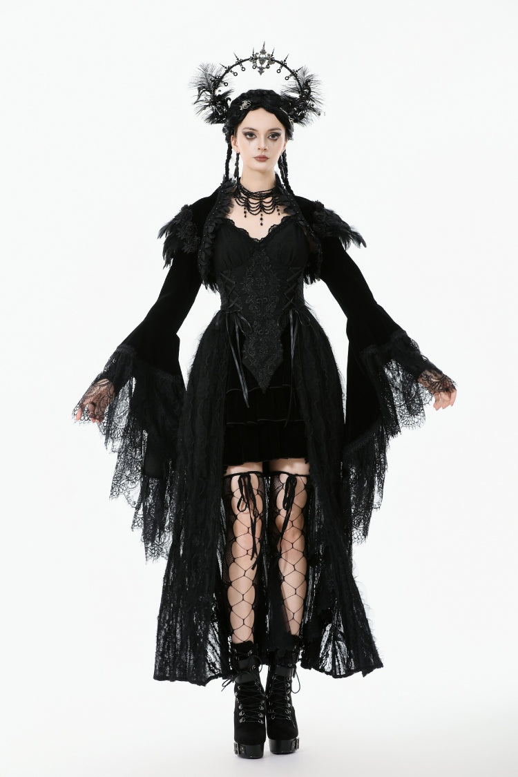 Black Lace Spliced Velvet Long Flared Sleeves Floral Feather Women's Gothic Cape