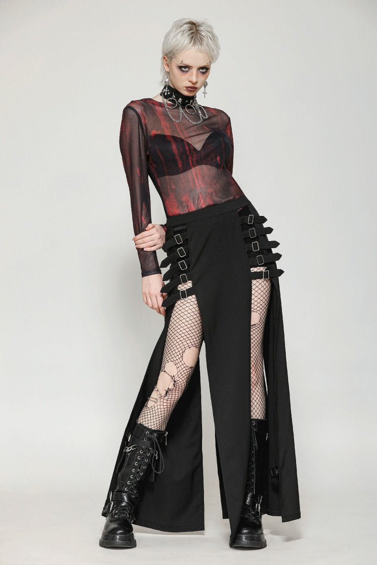 Black Buckled Zippered Women's Punk Side Slit Long Skirt