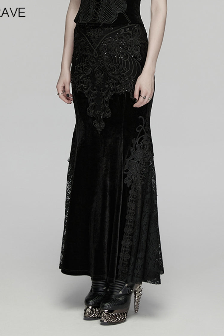 Black Cut-Out Embroidered Lace Slim Fishbone Women's Gothic Elegant Gorgeous Skirt