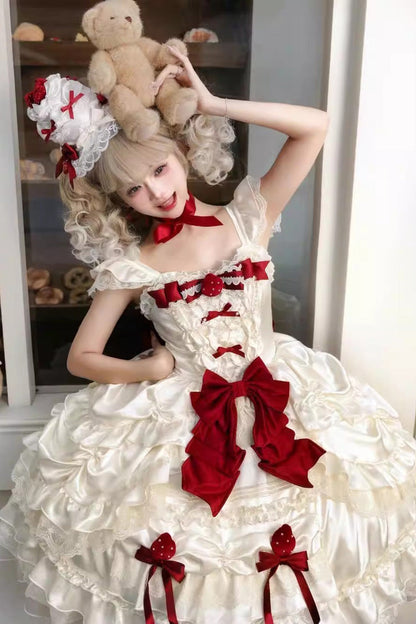 Apricot [Berry Endless] Square Collar Sleeveless Multi-Layered Ruffled Embroidered Bow Lace Sweet Lolita Jsk Dress