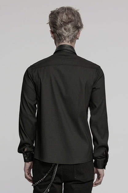 Black Lapel Collar Long Sleeves Faux Leather Stitching Buckle Men's Punk Blouse