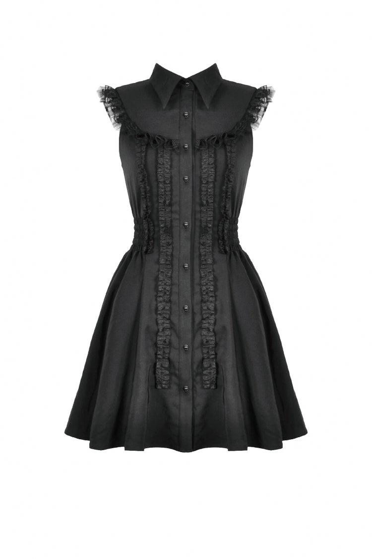 Black Lapel Collar Sleeveless Lace Women's Gothic Button-Front Dress Graduation Dress