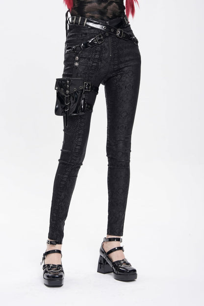Black Print Buckle Straps Women's Punk Pants with Leg Bag