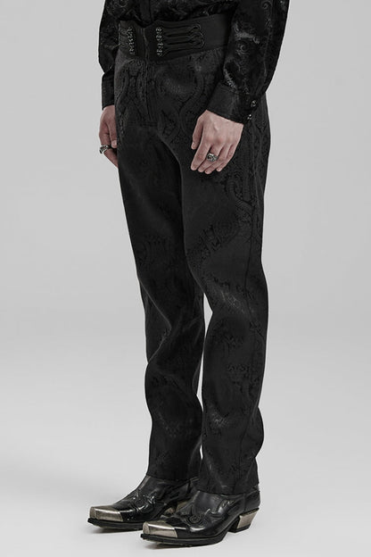 Black Jacquard Floral Print Decal Decoration Men's Gothic Pants