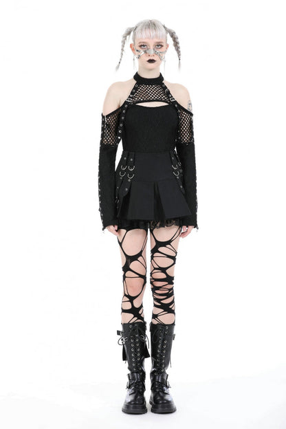 Black Off Shoulder Long Sleeves Cut-Out Spliced Mesh Women's Punk Top