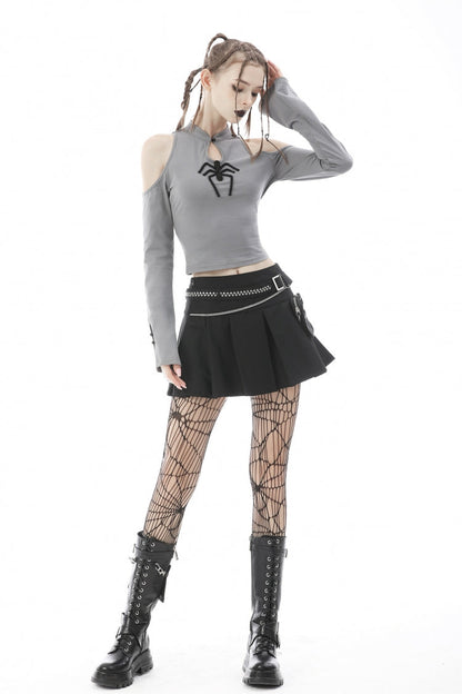 Black Pleated Big-pocket Chain-Decorated Women's Punk Mini Skirt with Belt