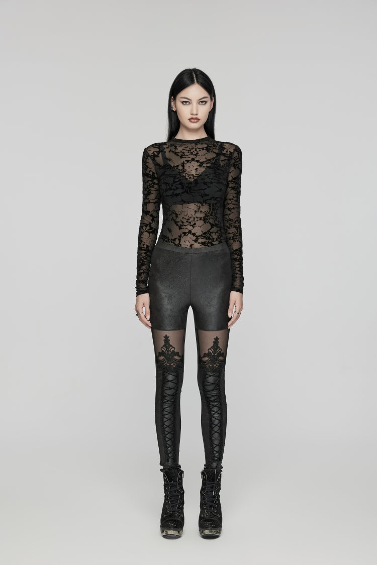 Black Embroidered Spliced Sheer Women's Gothic Leggings