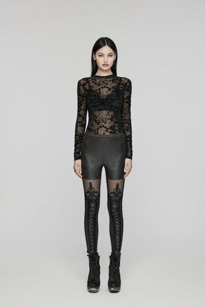 Black Embroidered Spliced Sheer Women's Gothic Leggings
