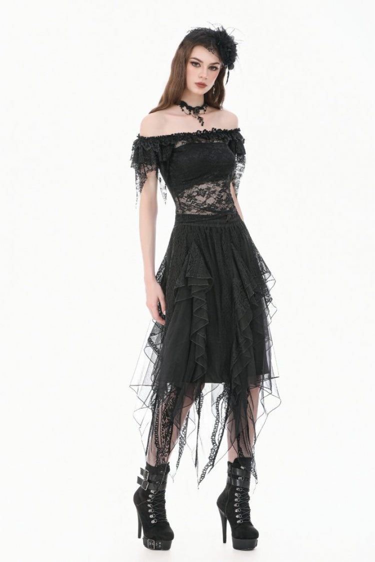 Black Off Shoulder Floral Sheer Lace Women's Gothic Top