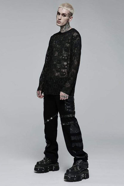 Black Long Sleeves Skull Print Lace Sheer Mesh Men's Steampunk T-Shirt