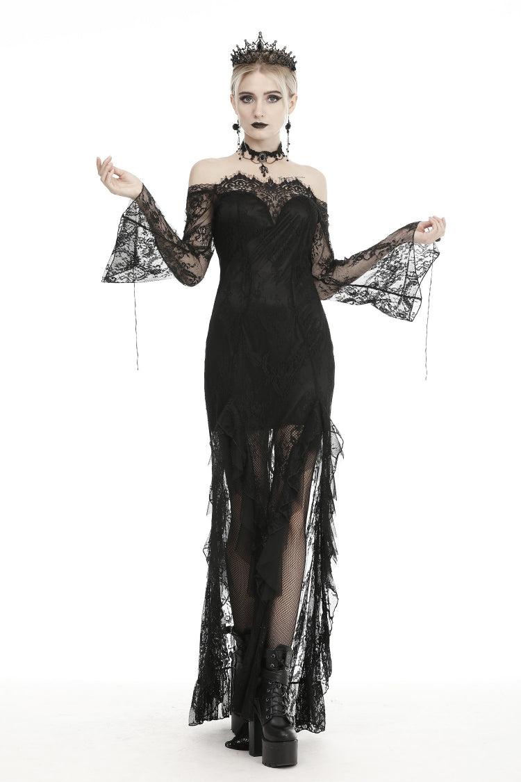 Black Off Shoulder Long Sleeves Lace Lace-Up Women's Gothic Mermaid Wedding Dress