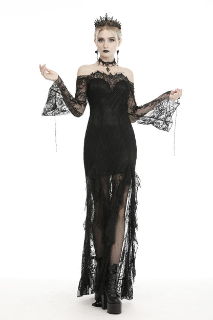 Black Off Shoulder Long Sleeves Lace Lace-Up Women's Gothic Mermaid Wedding Dress