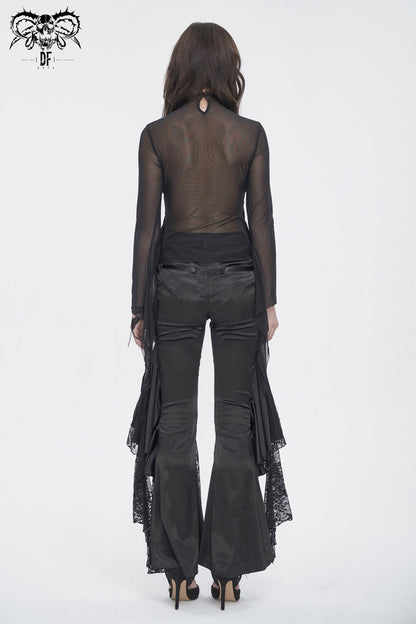 Black Jacquard Mesh Ruffled Long Sleeved Gothic Women's Shirt