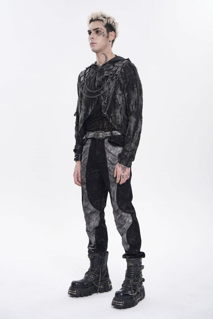 Black Long Sleeves Spliced Hooded Mesh Ripped Faux Two-Piece Zippered Eyelet Men's Punk T-Shirt