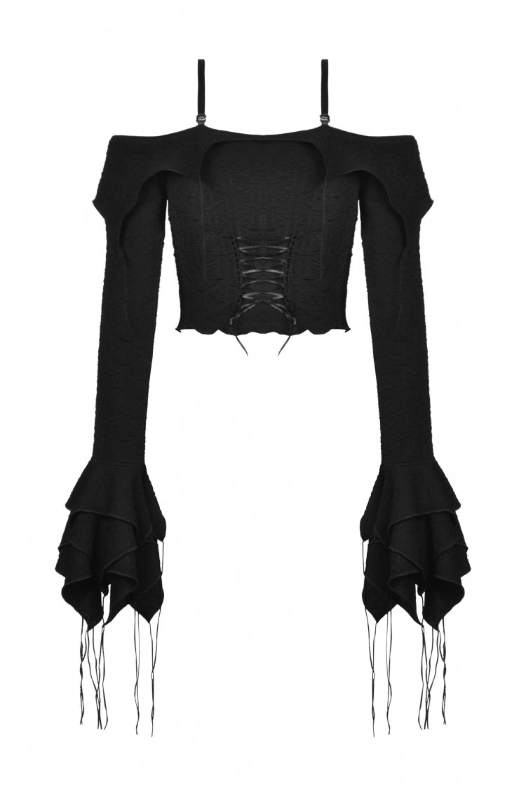 Black Off Shoulder Long Trumpet Sleeves Lace-Up Women's Gothic Sexy Crop Top