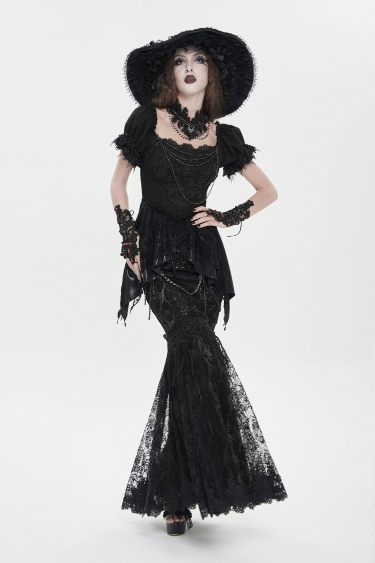 Black Double-Layered Embroidered Lace Slim Pearl-Decorated Women's Gothic Skirt