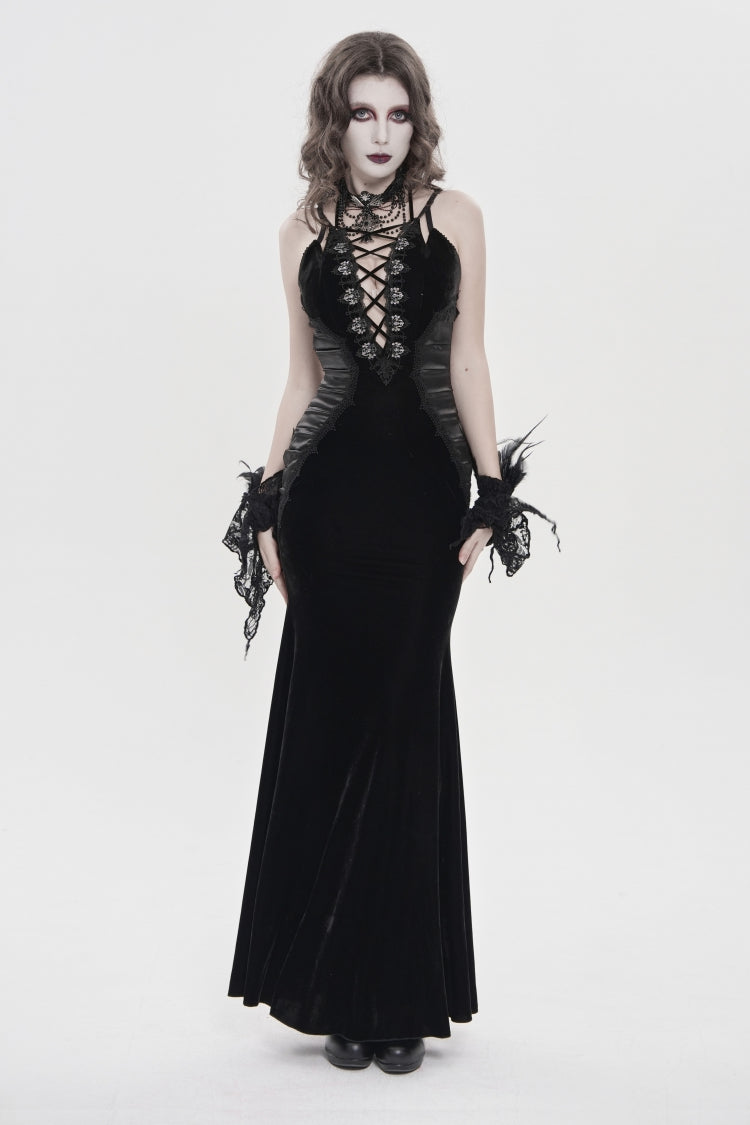 Black Off Shoulder Sleeveless Hanayome Spliced Lace-Up Slim Pleated Women's Gothic Jsk Dress