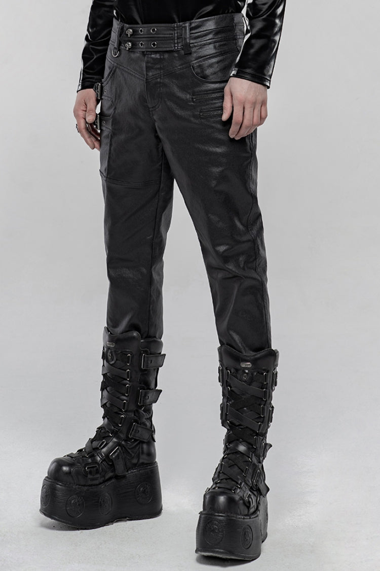 Black Faux Leather Metal Buckle Side Zipper Men's Steampunk Pants
