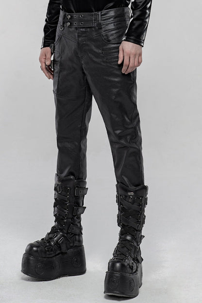 Black Faux Leather Metal Buckle Side Zipper Men's Steampunk Pants