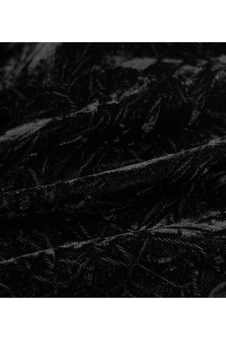 Black Gothic Velvet High Collar Front Chest Flounce Lace Cuff Back Waist Lace Up Print Women's Blouse