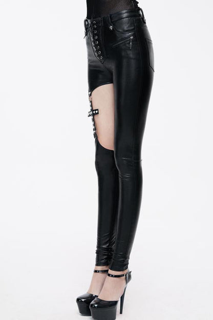 Black Hollow Out Cross Shaped Elastic Sexy Punk Tight Leather Womens Pants