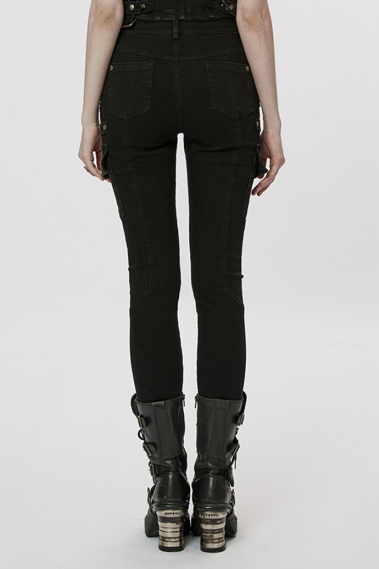 Black Multi-Pocket Buckle Women's Punk Jeans Pants